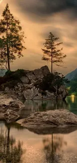 Serene lake with trees and sunset sky reflection.