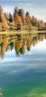 Autumn trees reflected in a tranquil lake.