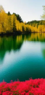 Golden autumn trees reflect in a tranquil lake with red foreground blooms.