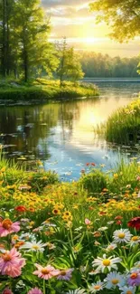 Tranquil lakeside with colorful flowers and sunrise