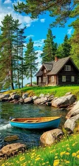 Lakeside cabin with a blue boat near a forested shore.