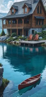 A peaceful lakeside cabin with a canoe on turquoise water.