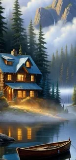 Scenic lakeside cabin with pine trees and mountains.