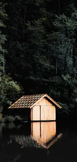 Lakeside wooden cabin reflecting on calm water amidst forest.