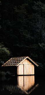 Lakeside cabin with forest background