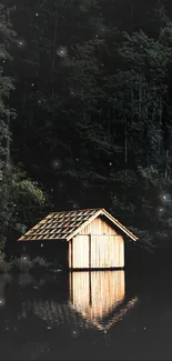 Peaceful wooden cabin reflecting on dark forest lake.