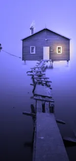 Misty lakeside cabin with purple hues and rustic dock, creating calm atmosphere.