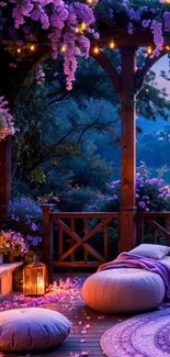 Tranquil lakeside setting with cushions and flowers at sunset.