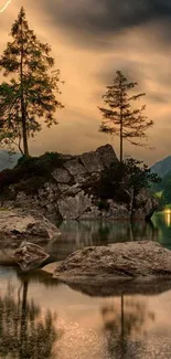 Serene lakeside scene with trees and reflections at dusk.