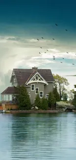 Lakeside house with serene water and dramatic blue sky background.