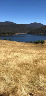 Serene lakeside landscape with clear sky.