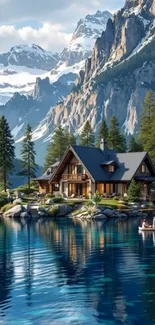 Peaceful alpine cabin by a serene lake with snowy mountains.