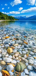 Serene lake with pebbles and clear blue water.