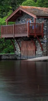 Charming lakeside cabin with lush greenery and serene water.