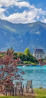 Serene lakeside view with mountains and clear blue sky.