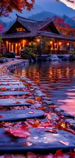 Autumn lakeside cabin with vibrant leaves and stone path.