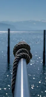 Tranquil lake view with blue sky and calm water, featuring a focused rope detail.