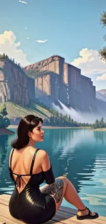 Woman sitting by a lake with mountains in the background, under a clear blue sky.