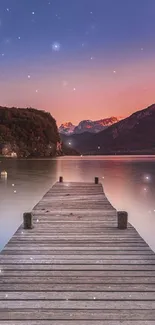 A tranquil lakeside sunset with a wooden pier and vibrant skies.