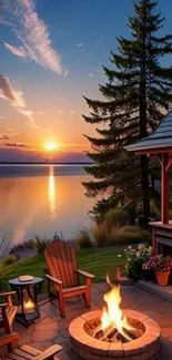 Lakeside sunset with cozy fireside and vibrant sky.