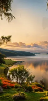 Serene sunset over a lakeside with lush greenery.