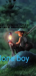 Boy holding lantern in serene forest setting.