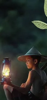 Boy in forest holding a glowing lantern, surrounded by greenery.