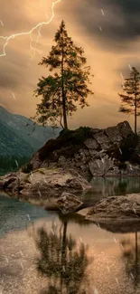 Scenic lake view with trees, mountains, and lightning in the background.