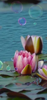 Tranquil lotus flower on serene lake with bubbles in natural setting.