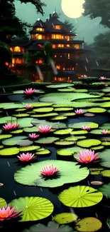 Moonlit lotus pond with Japanese pagoda at dusk mobile wallpaper.