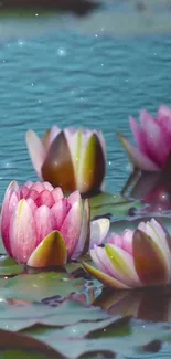 Serene lotus flowers afloat on a tranquil pond with sparkling water.