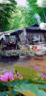 Serene rustic cabin by blooming lotus flowers and tranquil water.