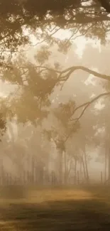 Misty forest scene with soft sunlight filtering through trees.