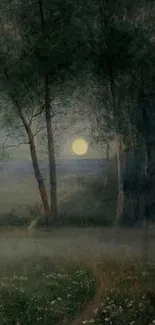 Moonlit forest scene with serene glow.