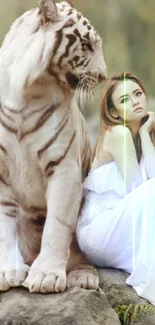 Woman and white tiger sitting on rocks in a serene outdoor setting.