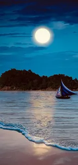 Moonlit beach with serene island and sailboat, perfect for mobile wallpaper.