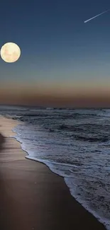 Moonlit beach with ocean waves under a serene night sky.