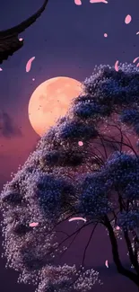 Moonlit blossoms with a full moon backdrop creating a serene mobile wallpaper.