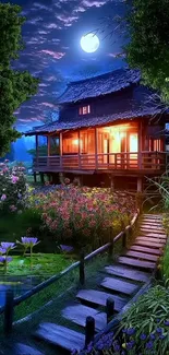 Moonlit cabin amidst a serene garden with vibrant flowers and a pond.