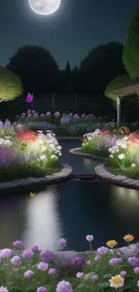 Moonlit garden with flowers and a reflective pond under a serene night sky.