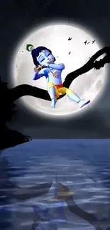 Krishna playing flute under moonlight, serene mobile wallpaper.