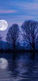 Moonlit lake with tree silhouettes reflecting in the water under a night sky.