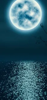 Moon reflecting on the ocean with a dark blue night sky.