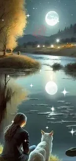 Moonlit river scene with girl and dog under a starry night sky.