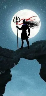 Moonlit silhouette of a warrior on a rocky bridge against a starry sky.