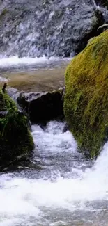 Waterfall scene with moss-covered rocks and flowing stream.