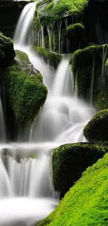 Moss-covered waterfall with lush green surroundings in a tranquil setting.