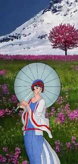 Traditional figure with parasol amidst mountain blossoms.