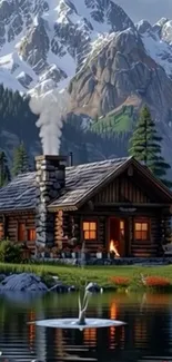 Cozy cabin by a mountain lake with snowy peaks in the background.