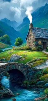 Cozy stone cottage by a mountain stream in a tranquil landscape.